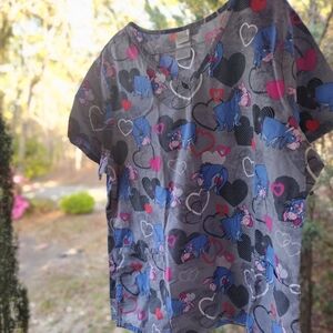 Disney Eeyore Gray Scrub Top with Pink & Blue Hearts